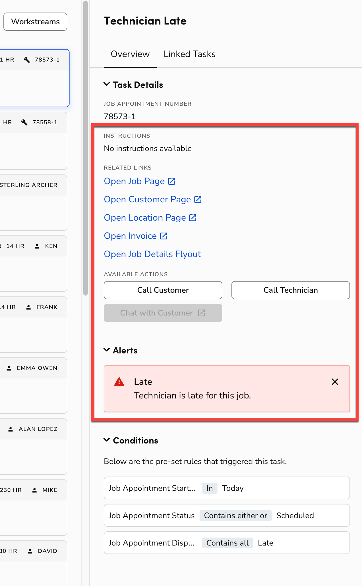A task in ServiceTitan Dispatch Pro Console. The Instructions, Related ...