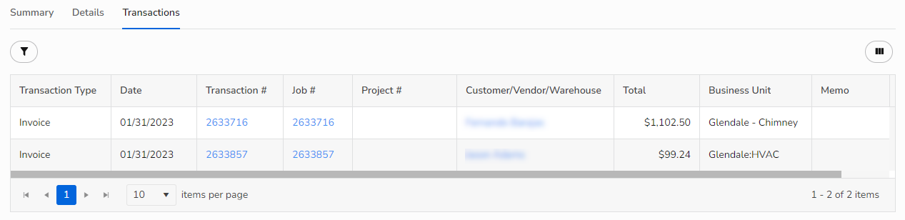 Screenshot of the Transactions tab in Journal Entry