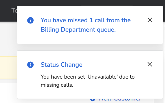 Status Change pop-up for a missed call