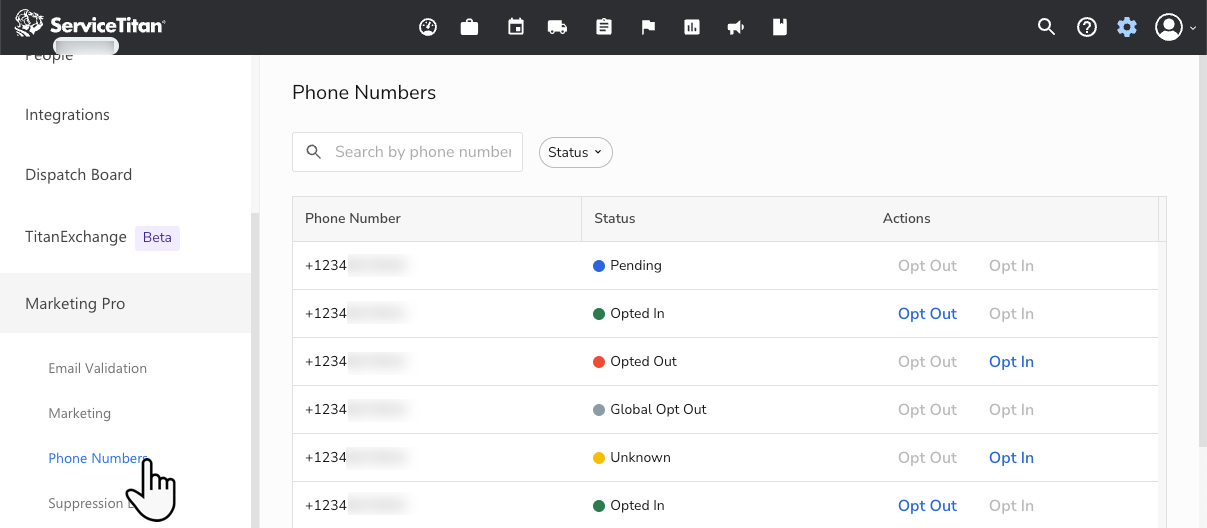 Cursor hovers over Phone Numbers in the Settings side panel