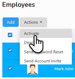Cursor on Actions dropdown in Employees page under Settings