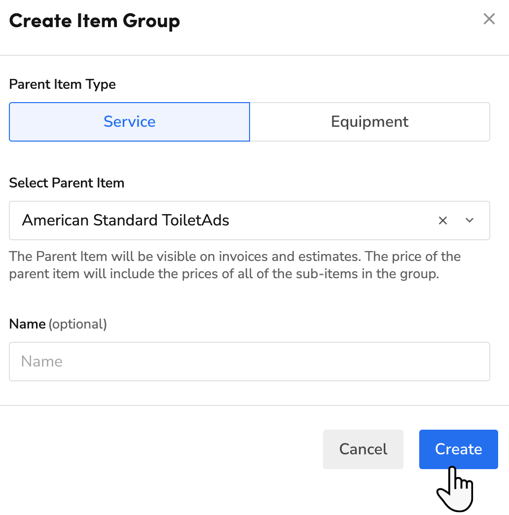 Cursor clicking Create Item Group to create an item group