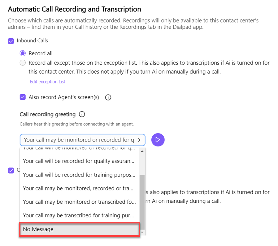 Edit call recording greeting for inbound calls