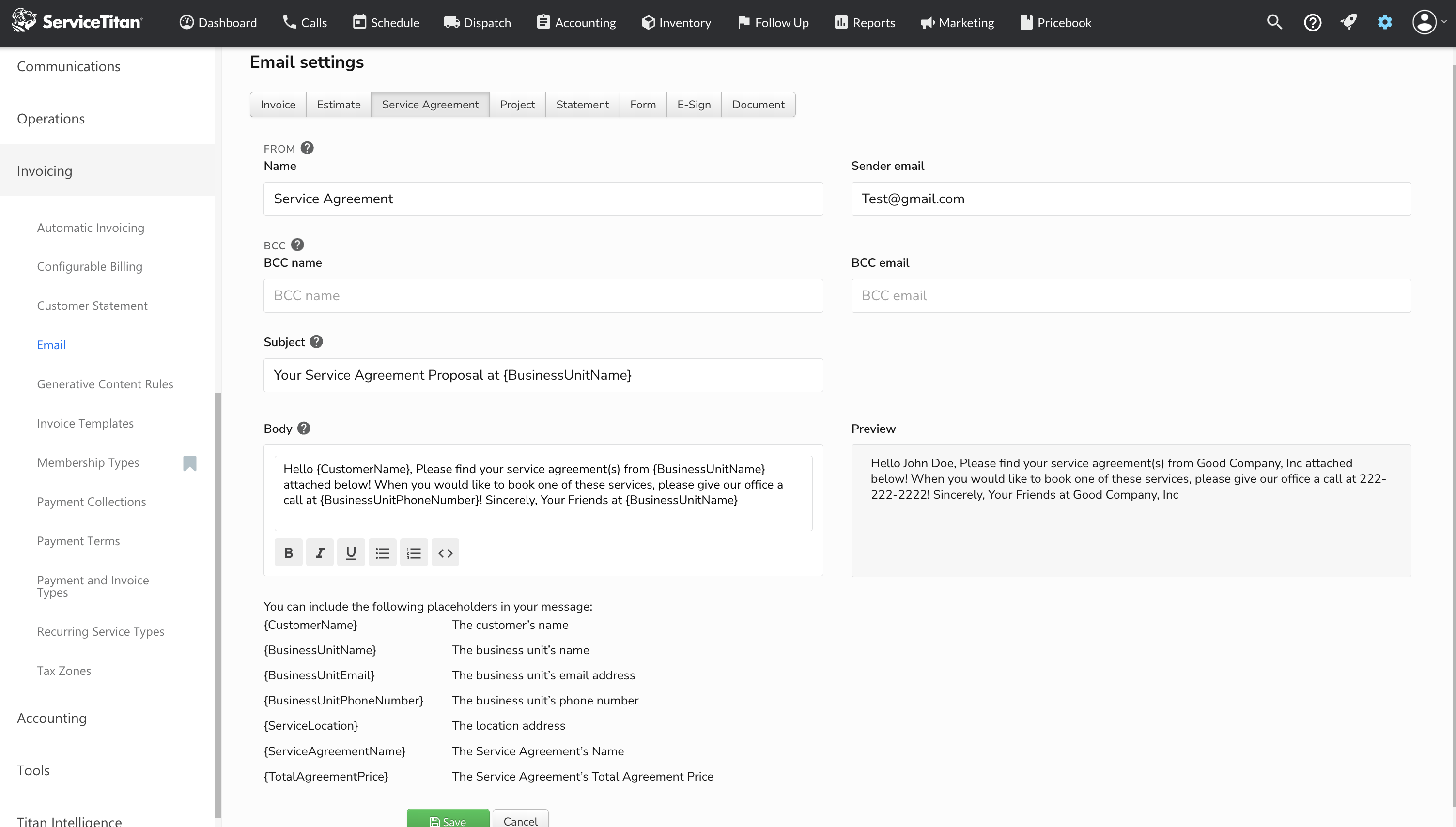 SA email template settings