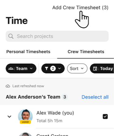 A cursor tapping Add Crew Timesheet in the ServiceTitan Field Mobile App.