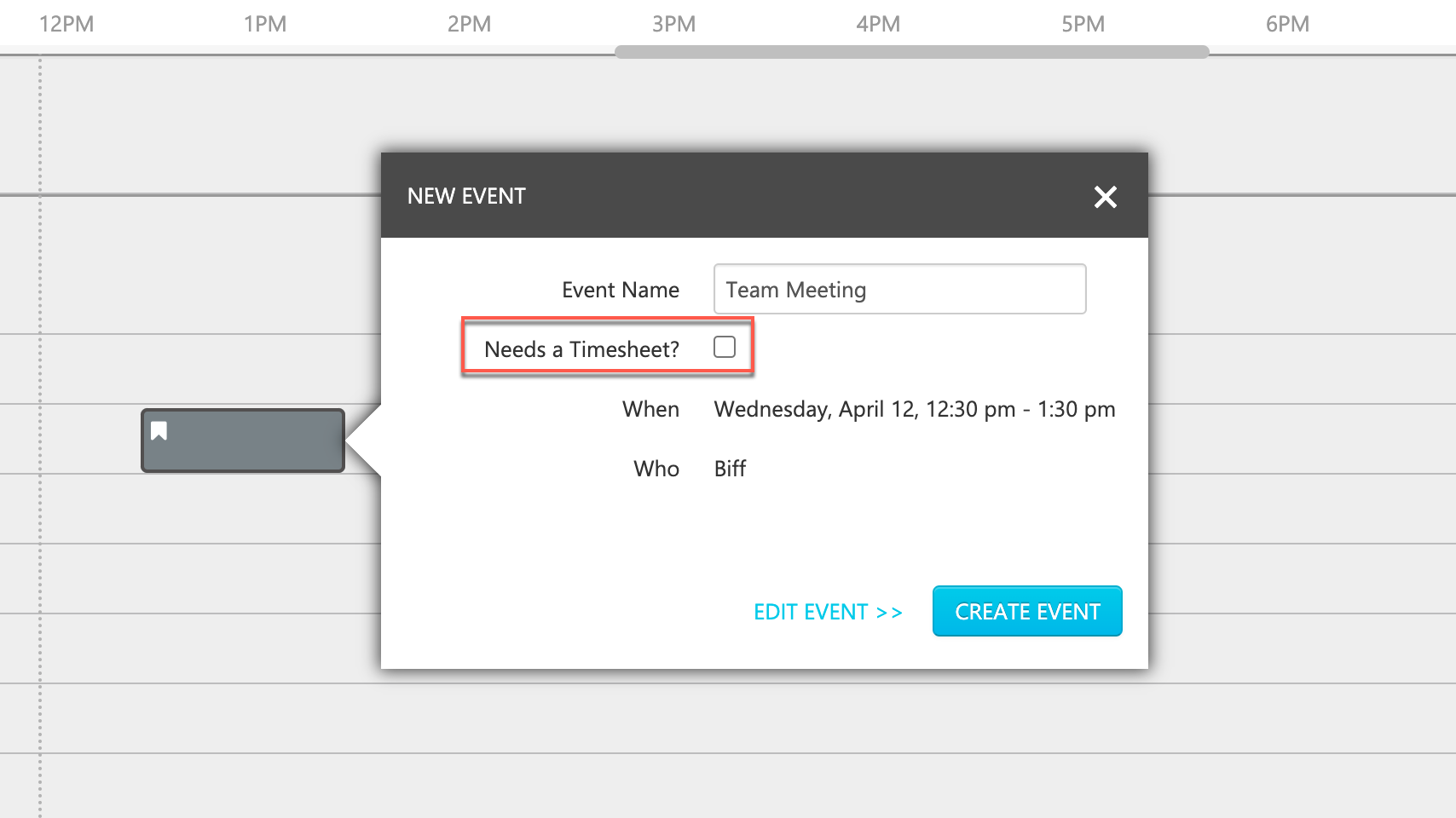 The New Event pop-up on the ServiceTitan Dispatch Board. The Needs a Timesheet? field is highlighted to show that the checkbox is deselected.