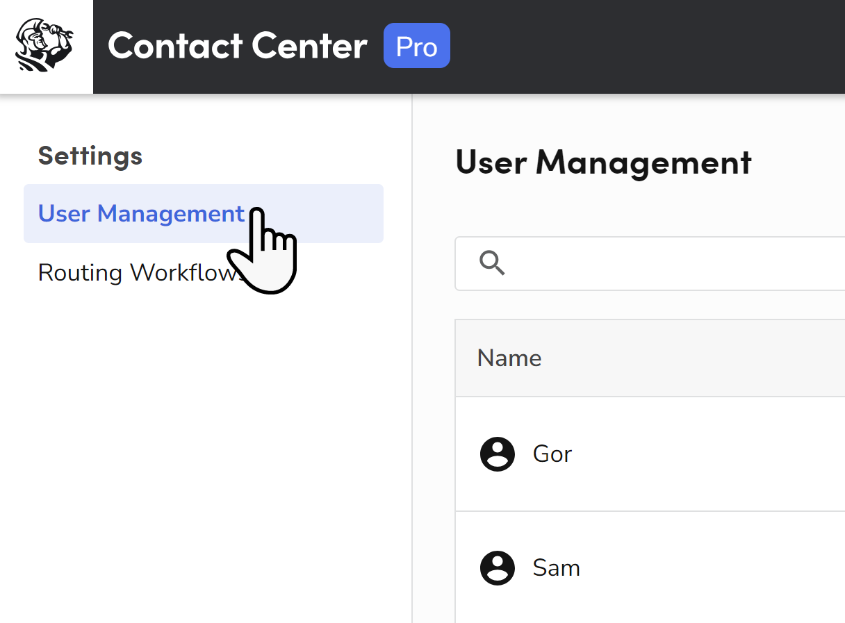 Cursor User Management tab in Contact Center Pro