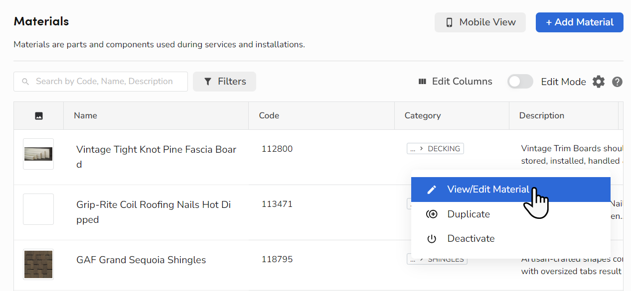 View or edit a material in pricebook