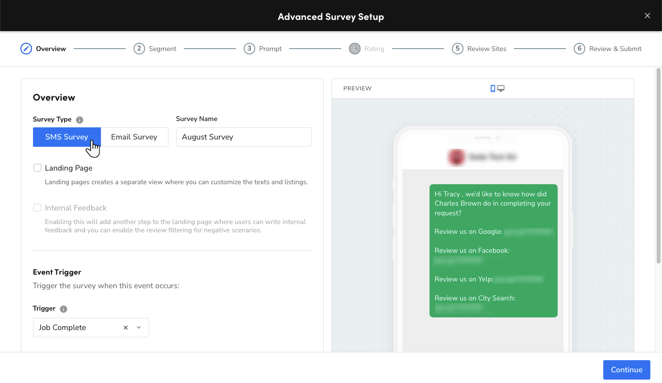Cursor hovers over the SMS Survey option on the Overview step.