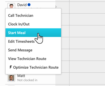 A cursor selecting Start Meal from a technician's dropdown menu on the ServiceTitan Dispatch Board.