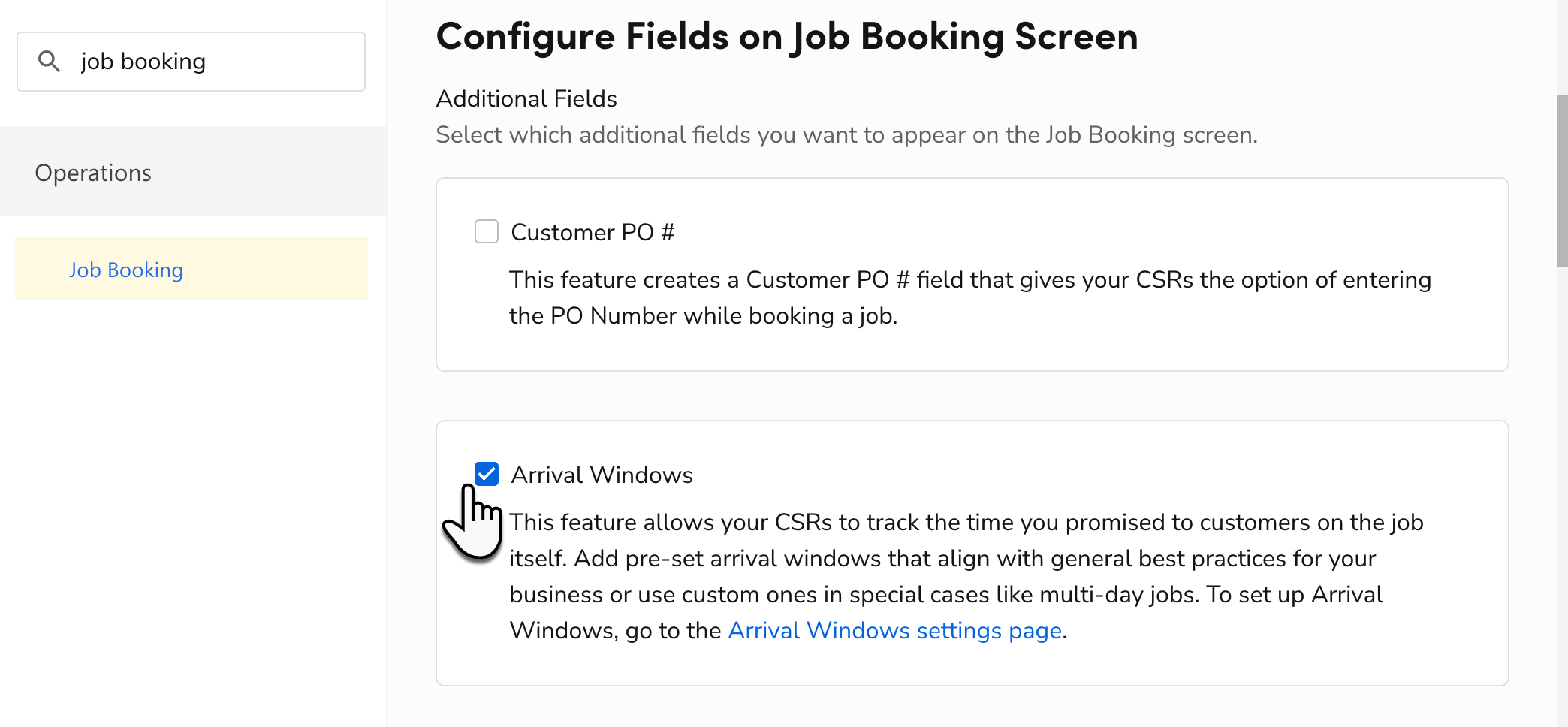 A cursor selecting Arrival Windows on the ServiceTitan Job Booking ...
