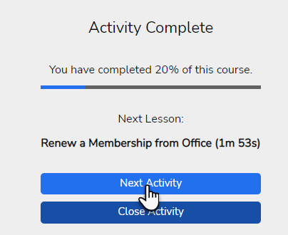 The Activity Complete screen with a cursor pointing to the Next Activity button