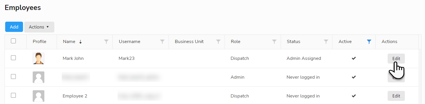 Cursor on Edit button in Employees table under Settings