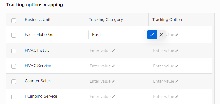 Screenshot of Tracking options mapping for Xero