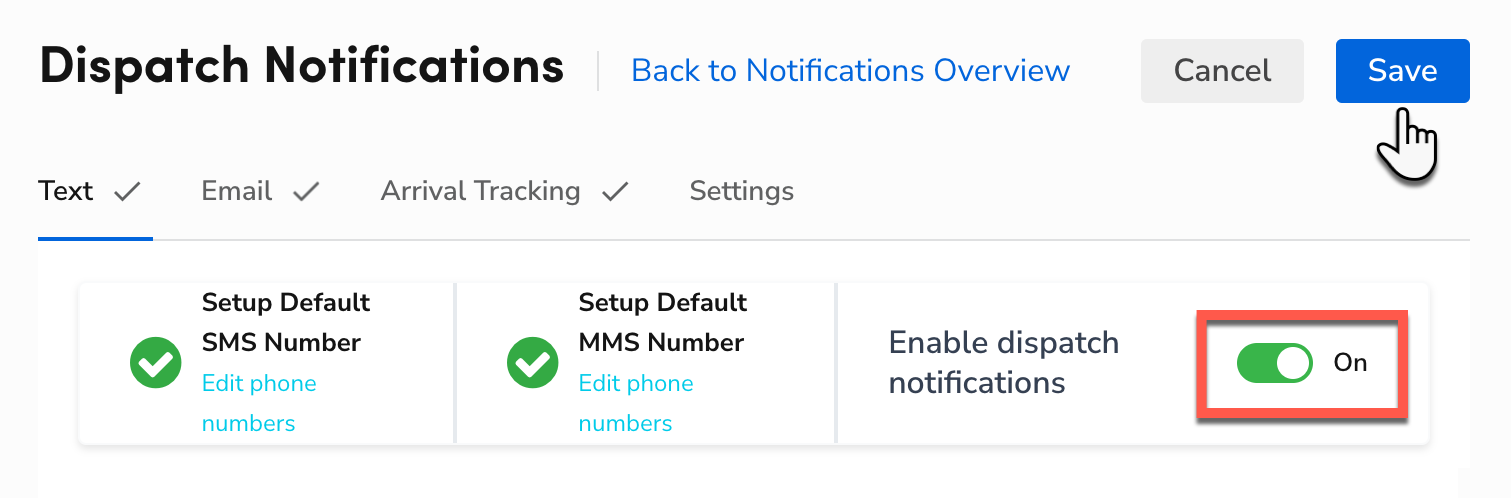 The Text tab on the Dispatch Notifications screen in ServiceTitan. The ...