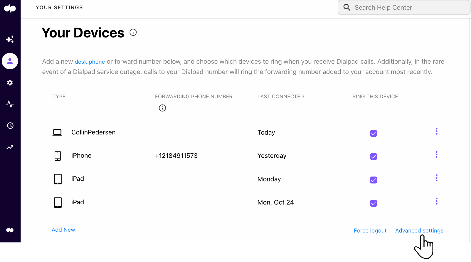 Cursor clicking Advanced settings in Dialpad