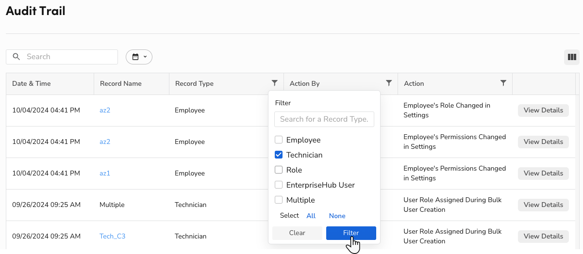Cursor clicking Filter to filter audit trail results