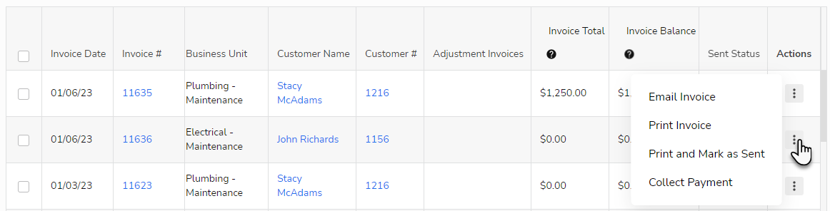 Screenshot of the individual invoice action dropdown