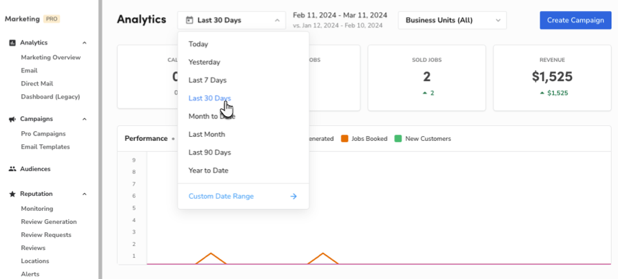 Cursor hovers over the Last 30 Days option in the date range selector.