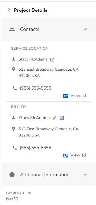 Screenshot of the project details panel with payment term highlighted