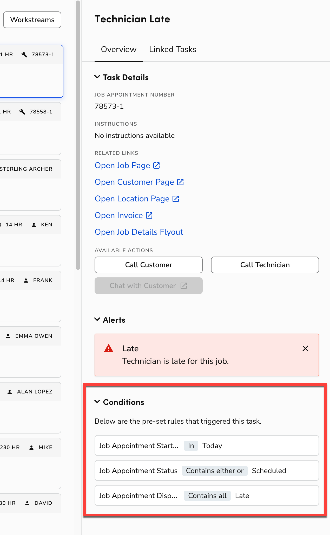 A task in ServiceTitan Dispatch Pro Console. The Conditions section is ...