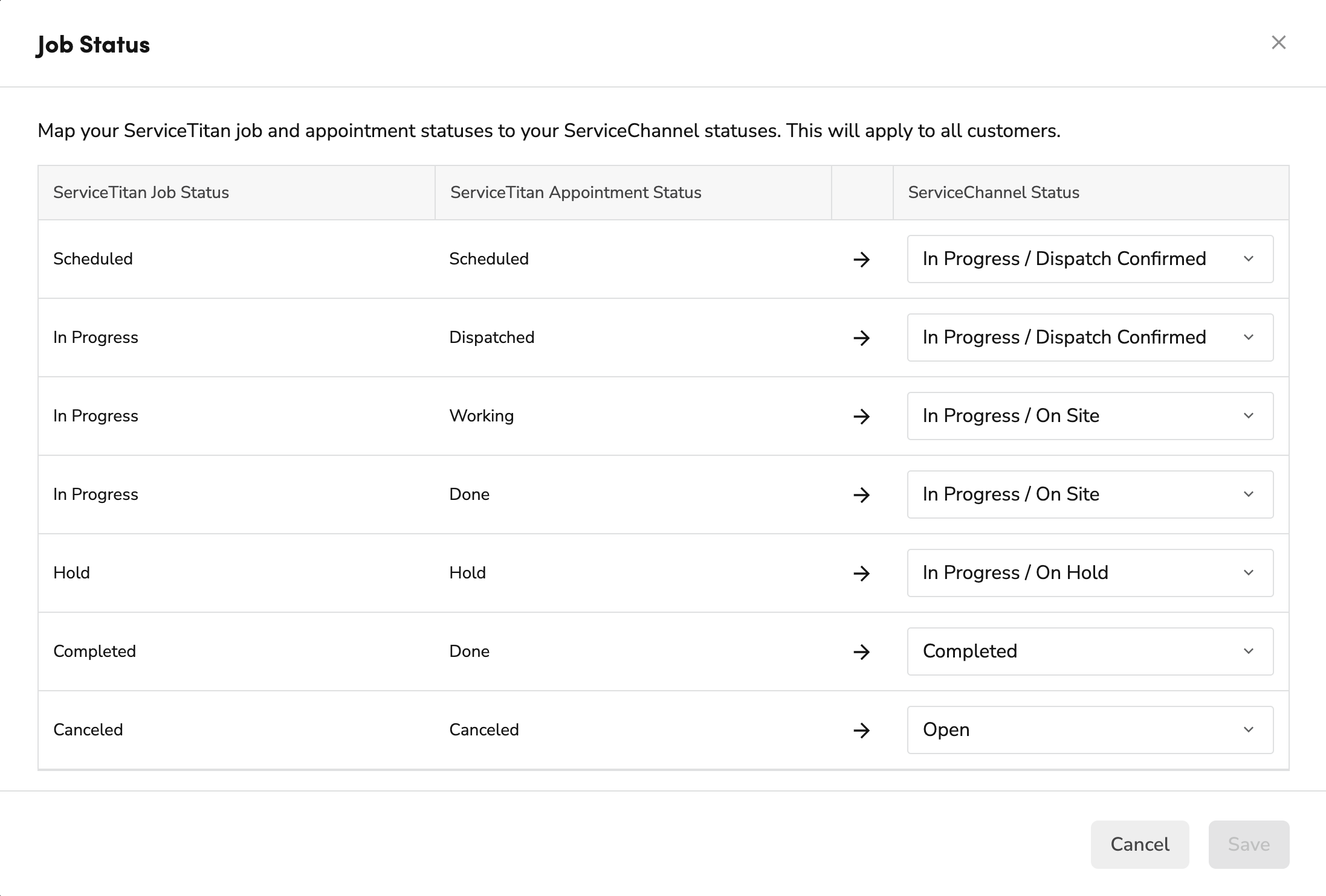 Job Status settings for the ServiceChannel integration.
