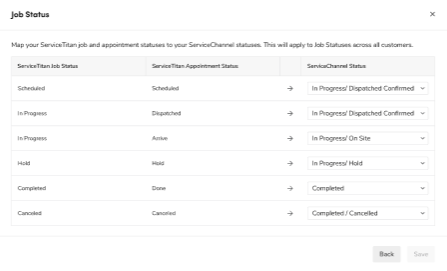 Job Status settings for the ServiceChannel integration.