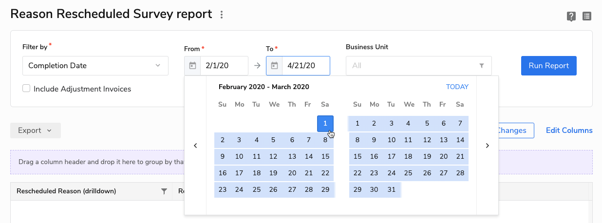 A cursor selecting a date from the calendar on the Reason Rescheduled Survey report screen in ServiceTitan.