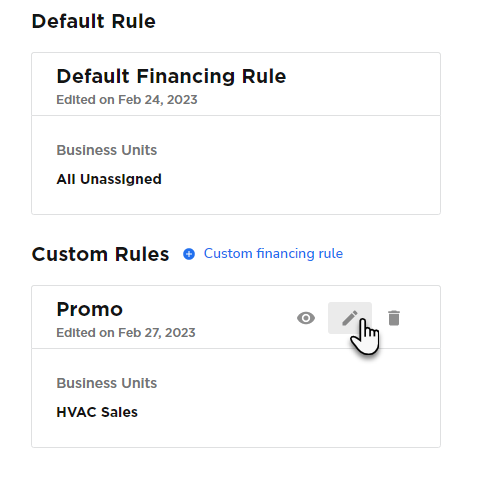 Screenshot of edit button for custom rule in GoodLeap Financing