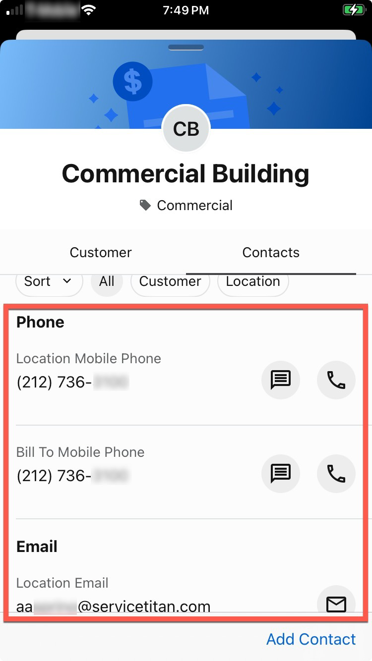 Customer Service Number Example Customer contact details for Commercial Building.