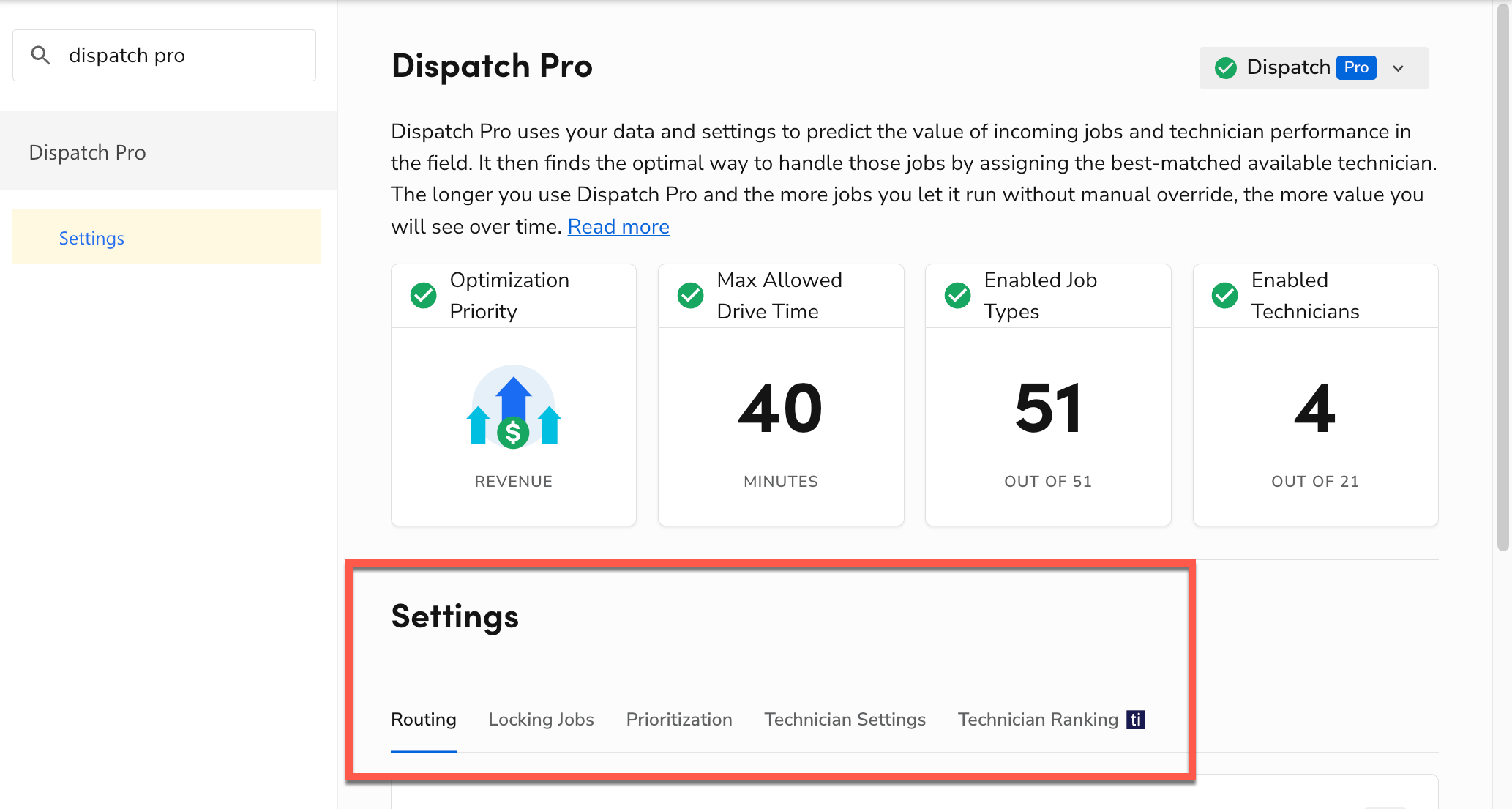 The ServiceTitan Dispatch Pro Settings screen. Tabs in the Settings ...