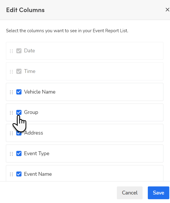Cursor on a column option in Edit Columns page for Event Report
