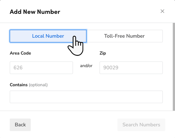 My Add Number Cursor hovers over Local Number on the Add New Number pop-up