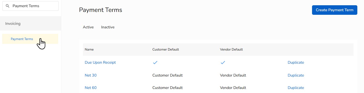 A cursor clicking the Payment Terms section under Settings.