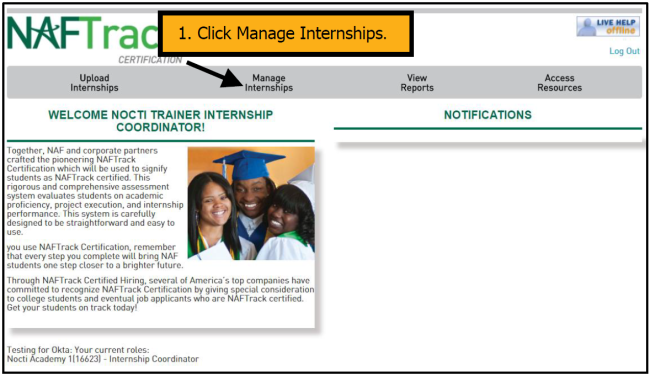 Click Manage Internships