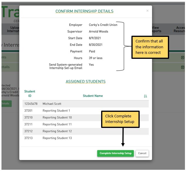 Confirm internship details