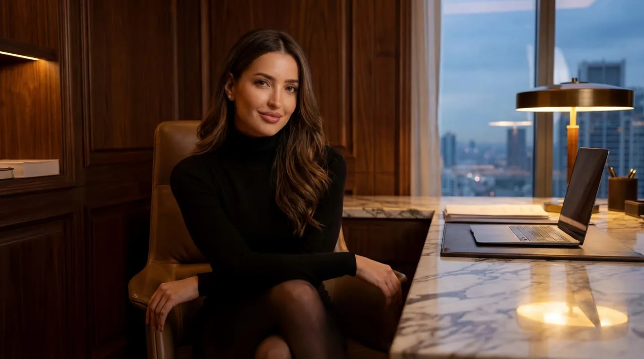 Hasnae Taleb in a black turtleneck, seated in an office lounge with a city view