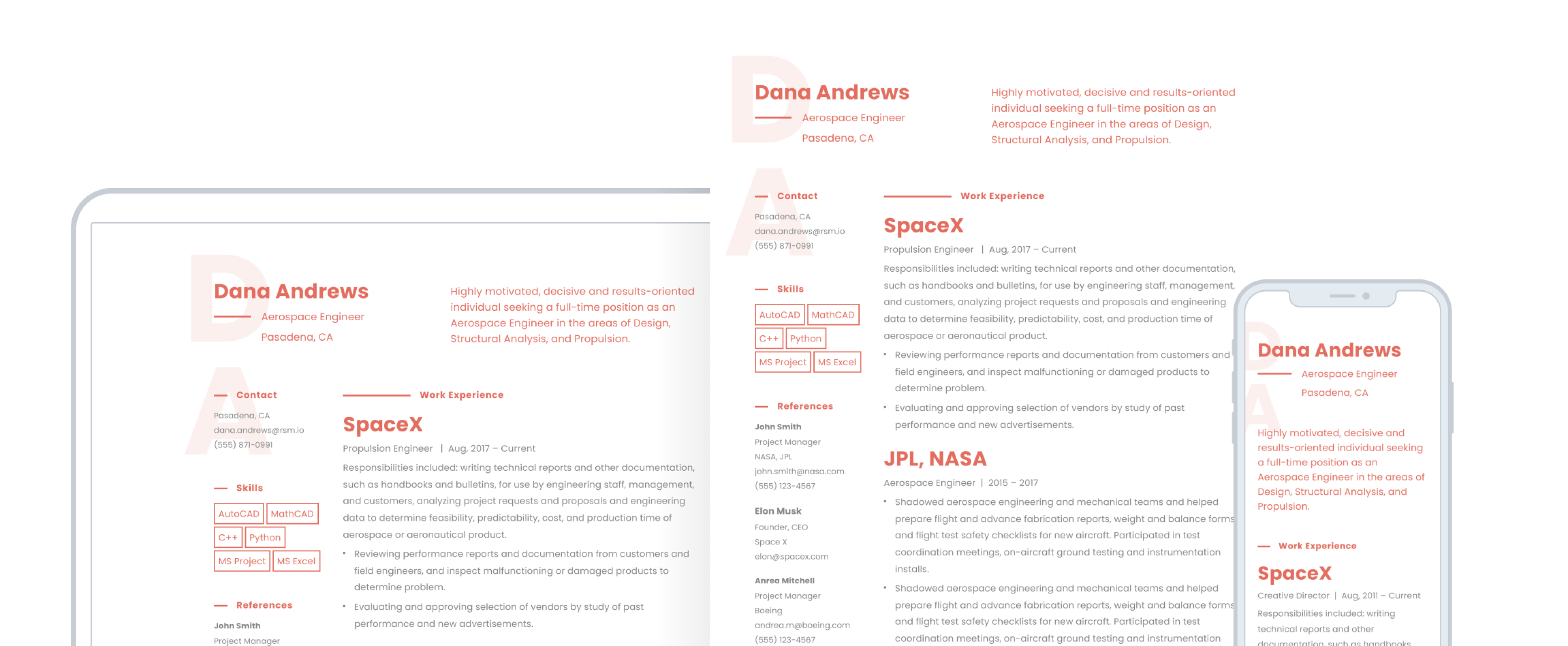 A resume created by Standard Resume, shown on multiple devices