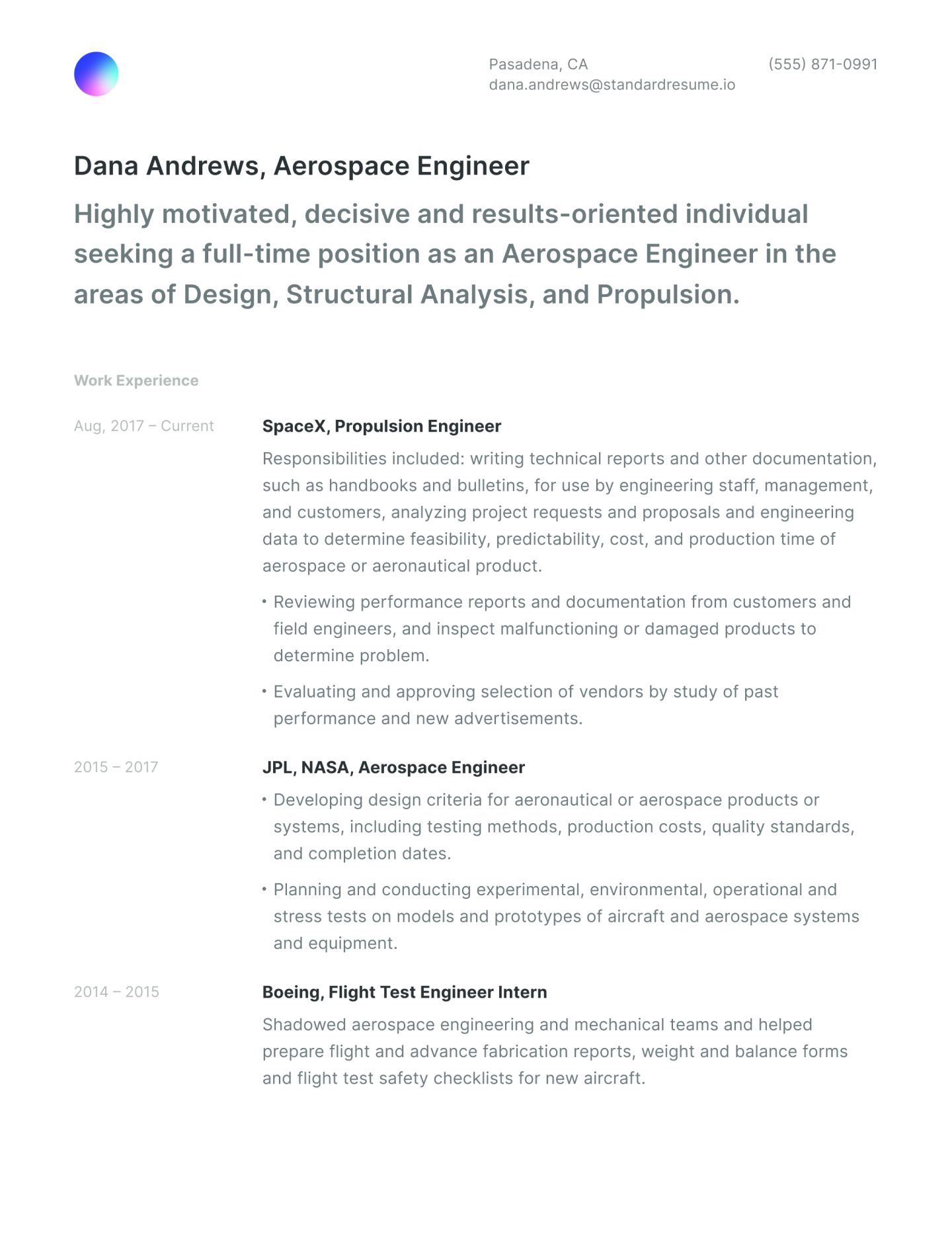 A sample resume created with Standard Resume