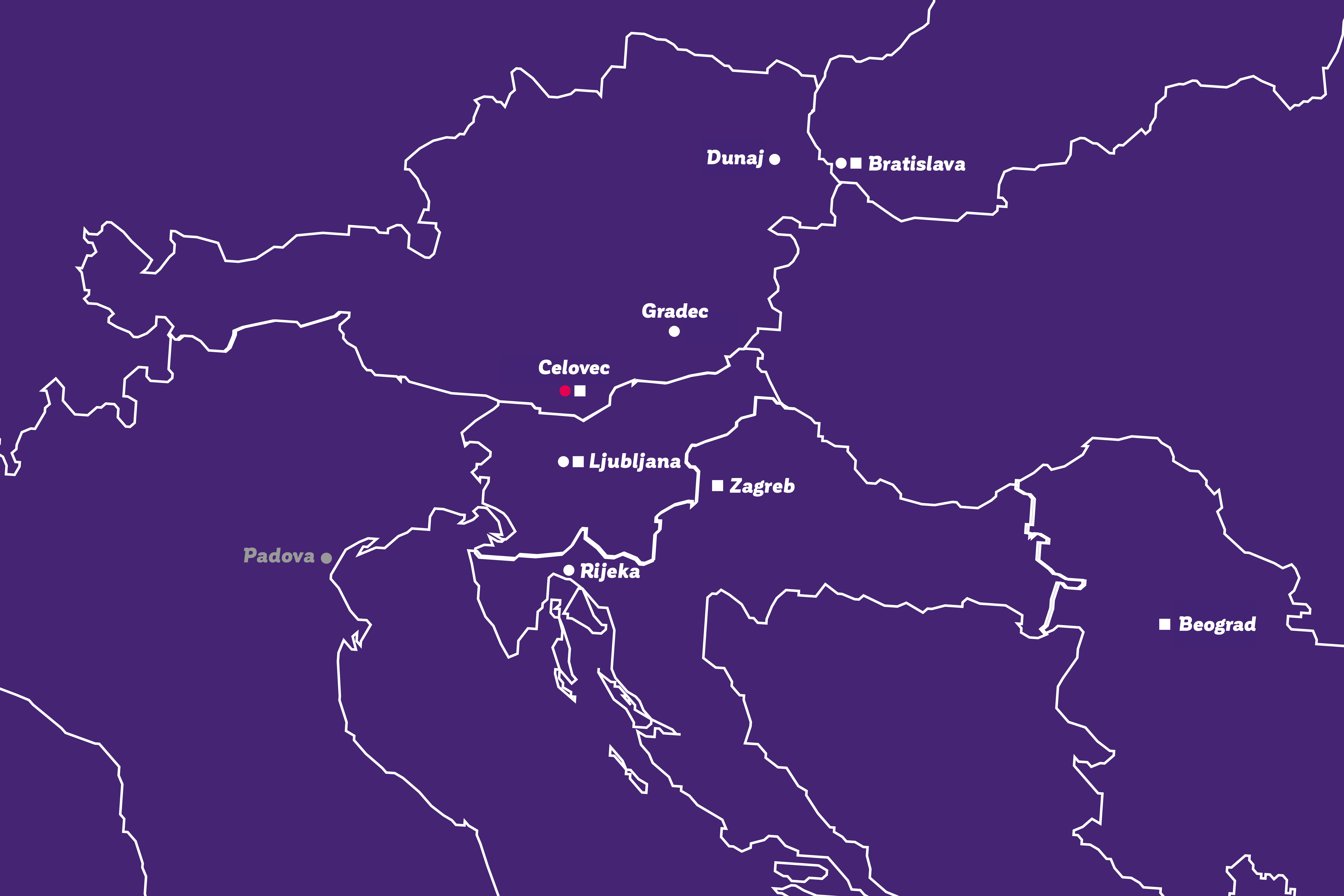 Zemljevid z označenimi lokacijami - prisotnost banke BKS v Srednji in Jugovzhodni Evropi.