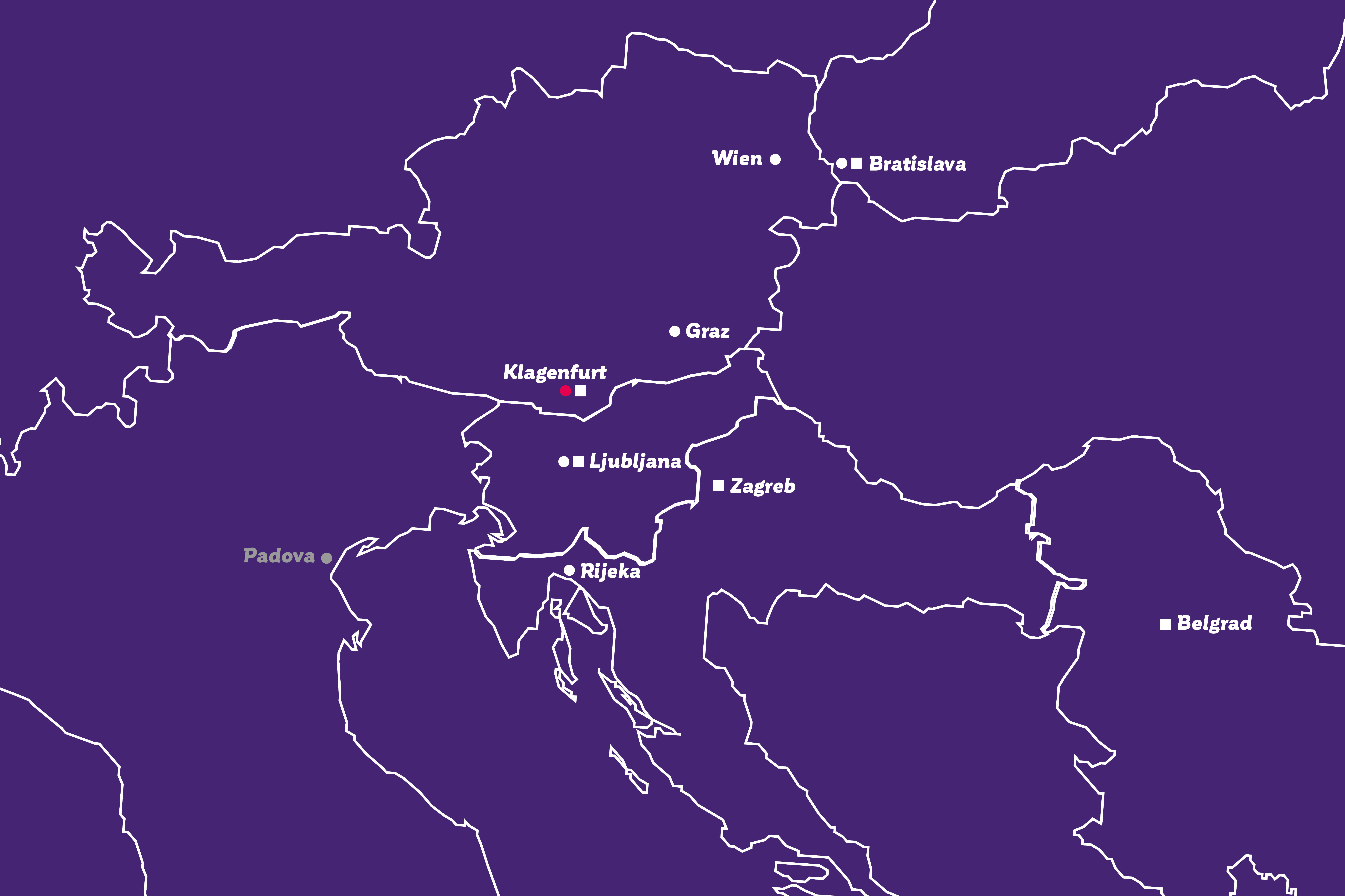 Mapa so značkami polohy - prítomnosť BKS Bank v strednej a juhovýchodnej Európe. Mapa so značkami polohy - prítomnosť BKS Bank v strednej a juhovýchodnej Európe.
