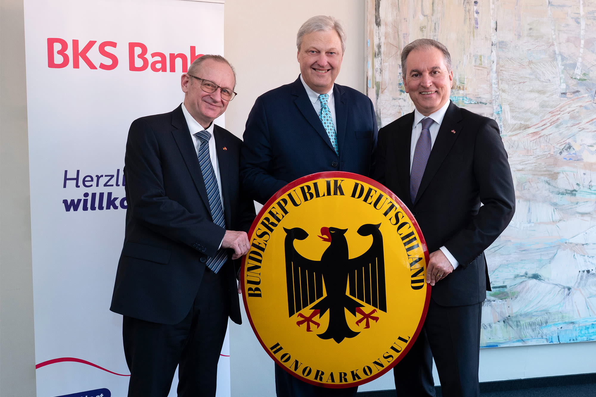 Vorstandsvorsitzende der BKS Bank Nikolaus Juhász mit deutschem Botschafter und Gesandter