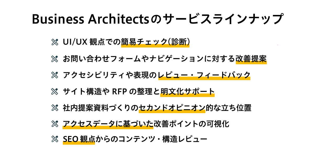 Business Architectsのサービスラインナップ（1：UI/UX観点での簡易チェック（診断）、2：お問い合わせフォームやナビゲーションに対する改善提案、3：アクセシビリティや表現のレビュー・フィードバック、4：サイト構造やRFPの整理と明文化サポート、5：社内提案資料づくりのセカンドオピニオン的な立ち位置、6：アクセスデータに基づいた改善ポイントの可視化、7：SEO観点からのコンテンツ・構造レビュー）