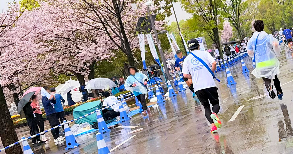 写真：満開の桜を背景に多くの人がコースを走り、沿道では応援をする様子。多くの人が青色を身に着けている。