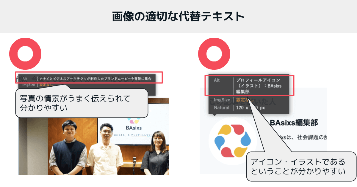 写真やアイコンの内容を代替テキストで分かりやすく伝えられている例