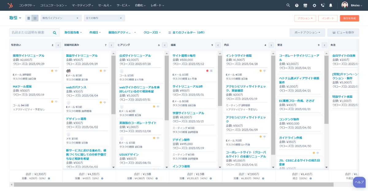 HubSpotの取引パイプライン