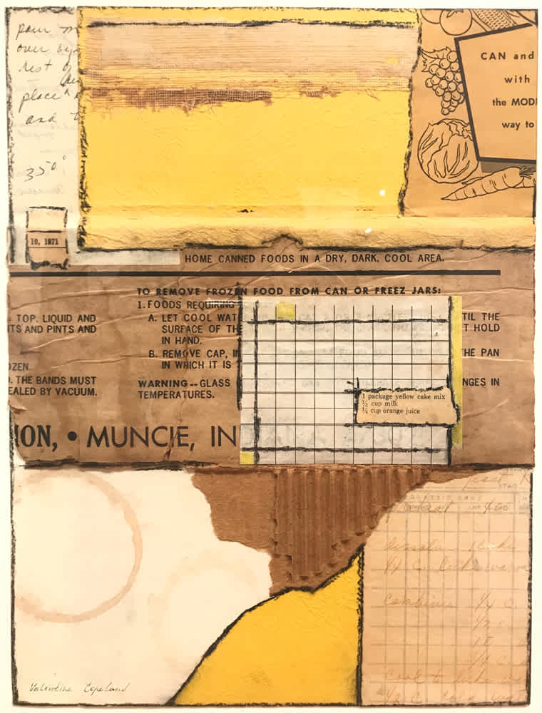 Collage with scraps of paper, cardboard, coffee cup stained paper, recipe fragments