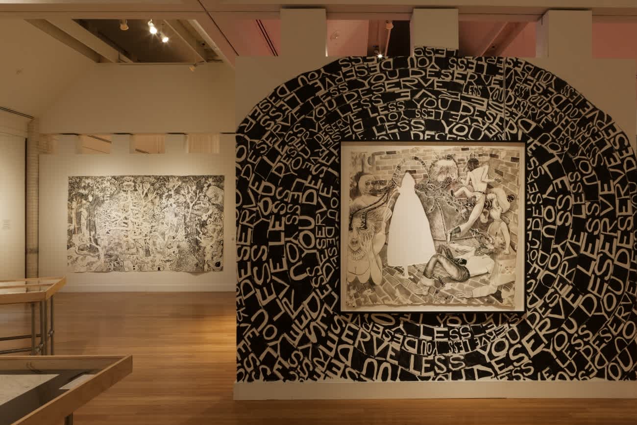 Installation image of Trenton Doyle Hancock: Skin and Bones, 20 Years of Drawing at the Virginia Museum of Contemporary Art.