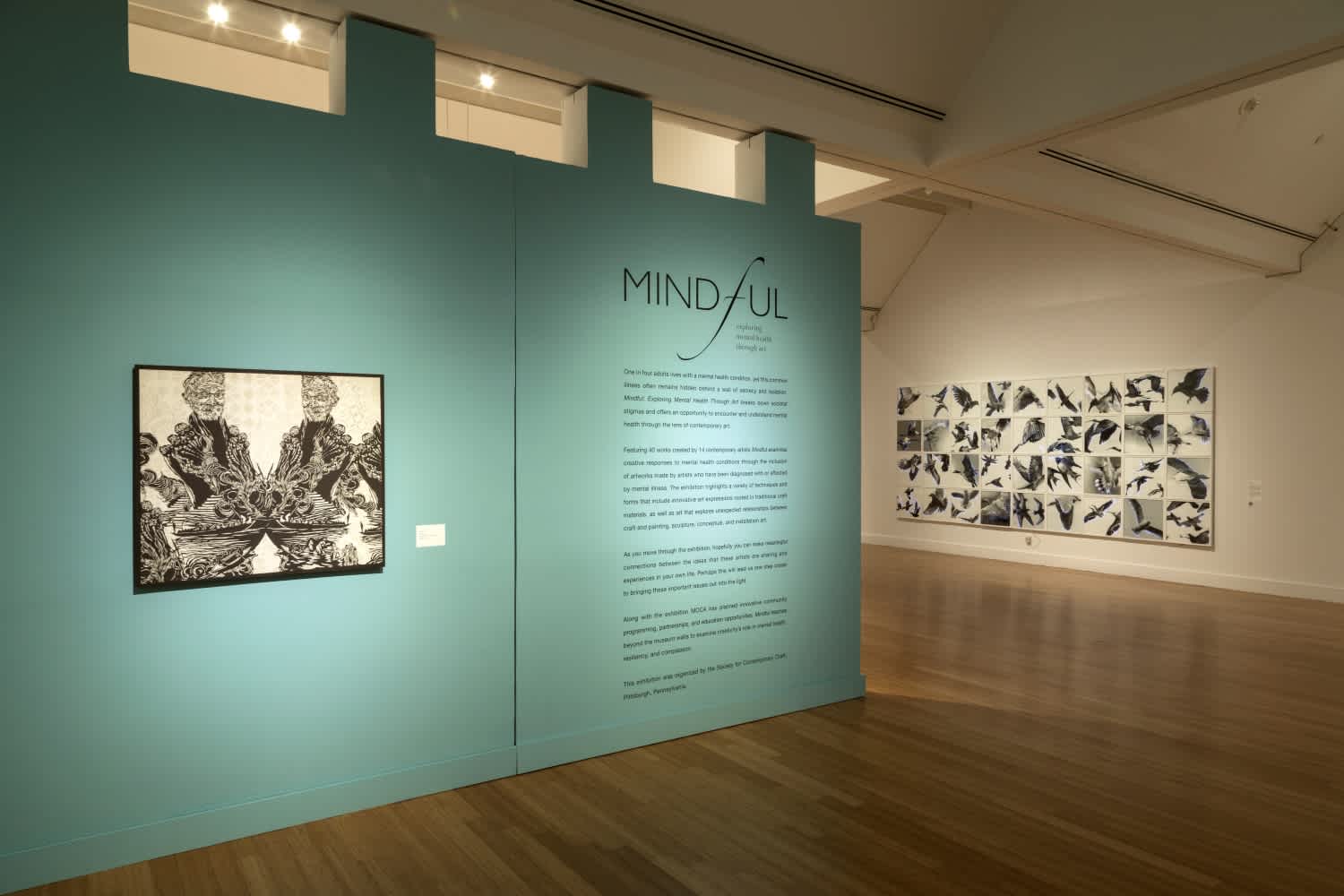 Installation photograph of the beginning of the exhibition Mindful: Exploring Mental Health Through art in the Virginia MOCA galleries. The wall is robin egg blue and introduces the exhibition.