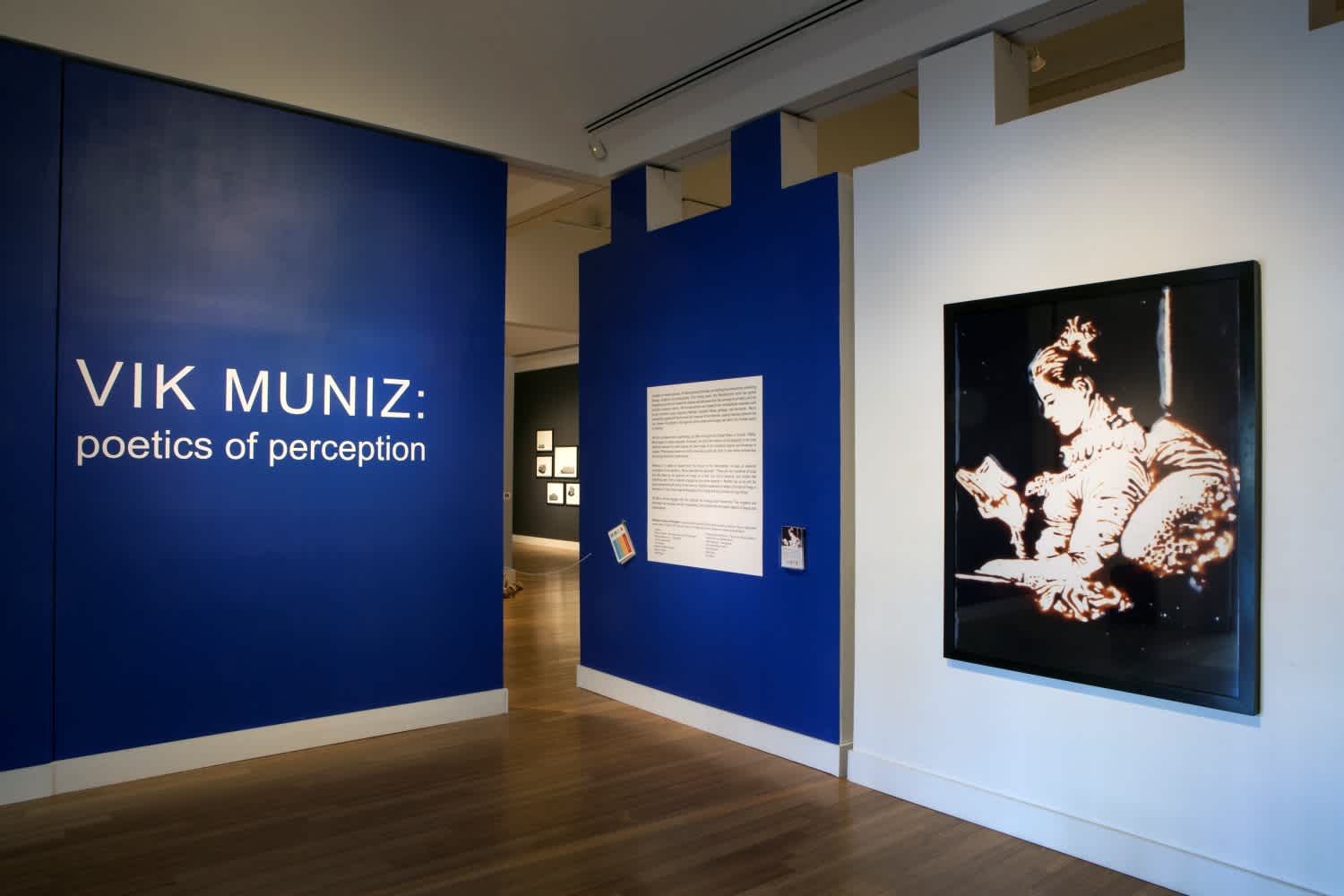 Blue painted walls in the Virginia Museum of Contemporary Art Galleries reading Vik Muniz: Poetics of Perception.